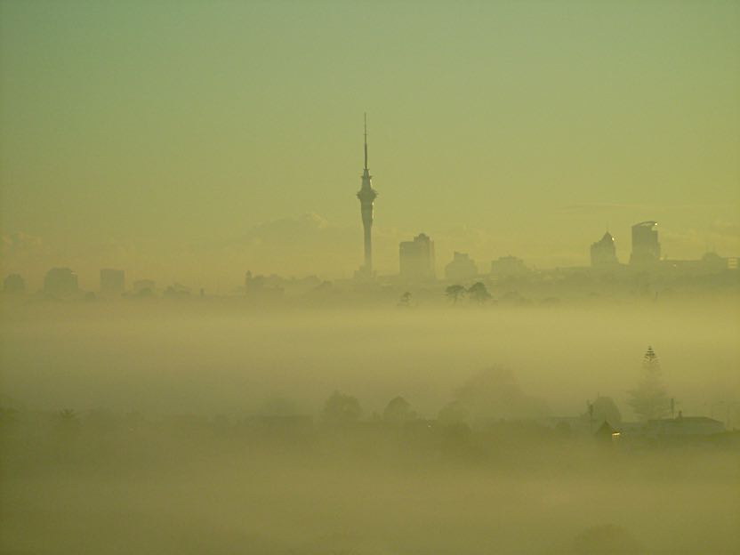 A foggy Auckland morning view from Mt Roskill
